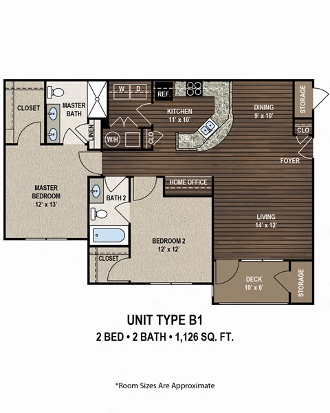 Floor plan for 2 beds, 2 baths, 1126 sqft